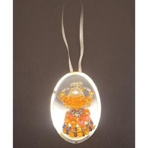 Vintage Beaded Angel Ornament Mirror 3" Bright Orange Pearl Handmade Safety Pins